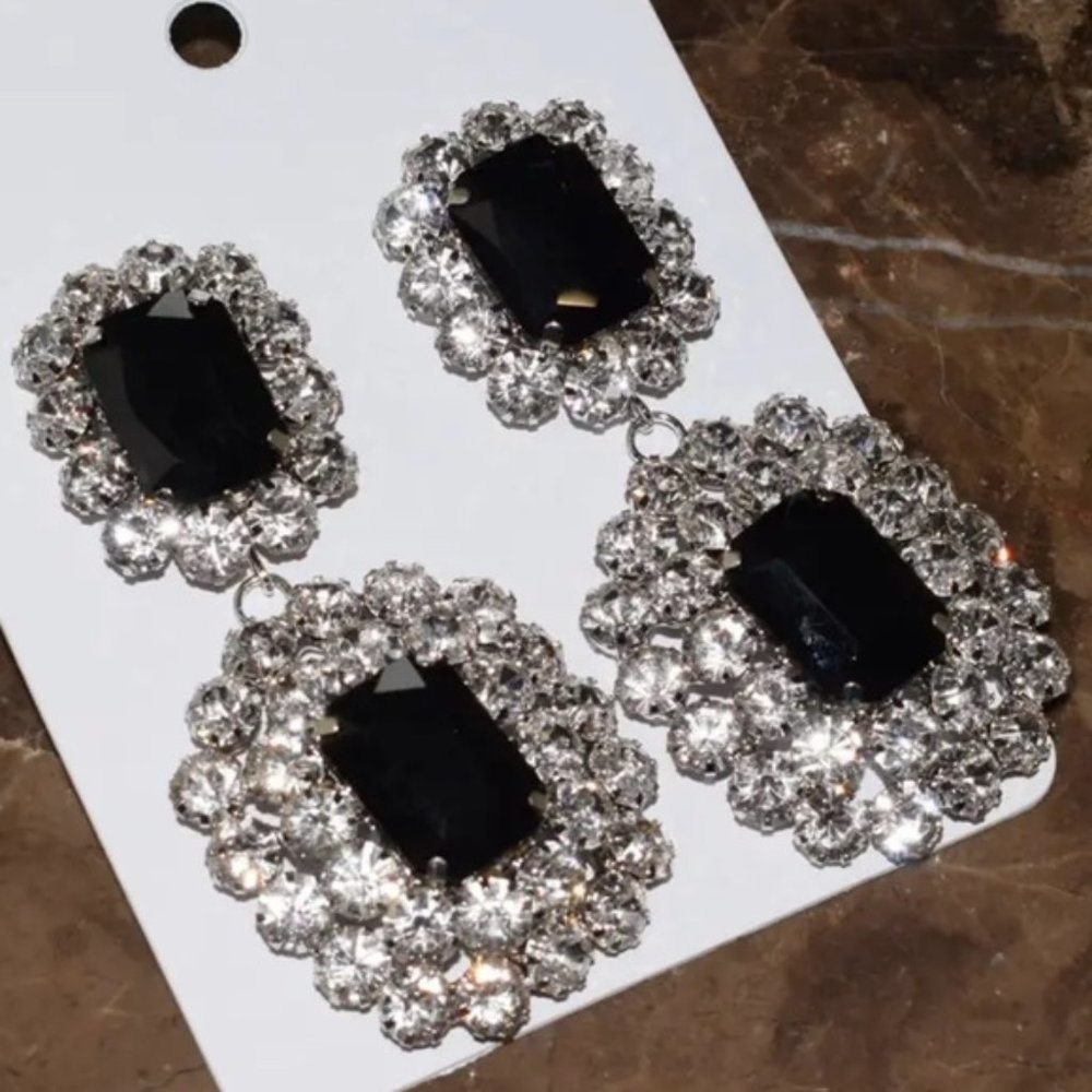 Black Crystal Big Drop Dangle Statement Earrings
